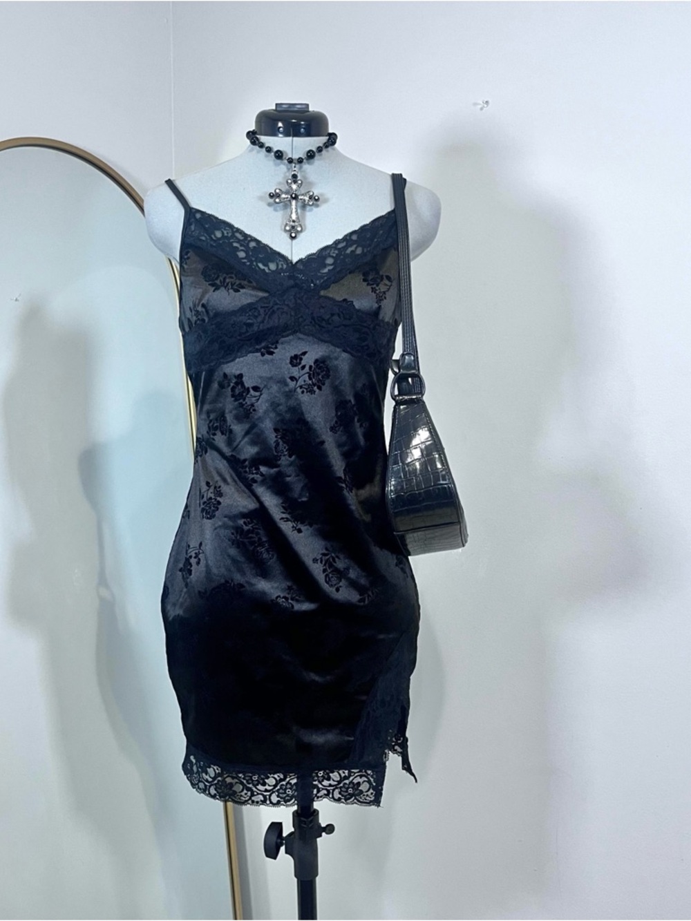 Cider Black Velvet Floral Lace Trim Slip Cami Dress